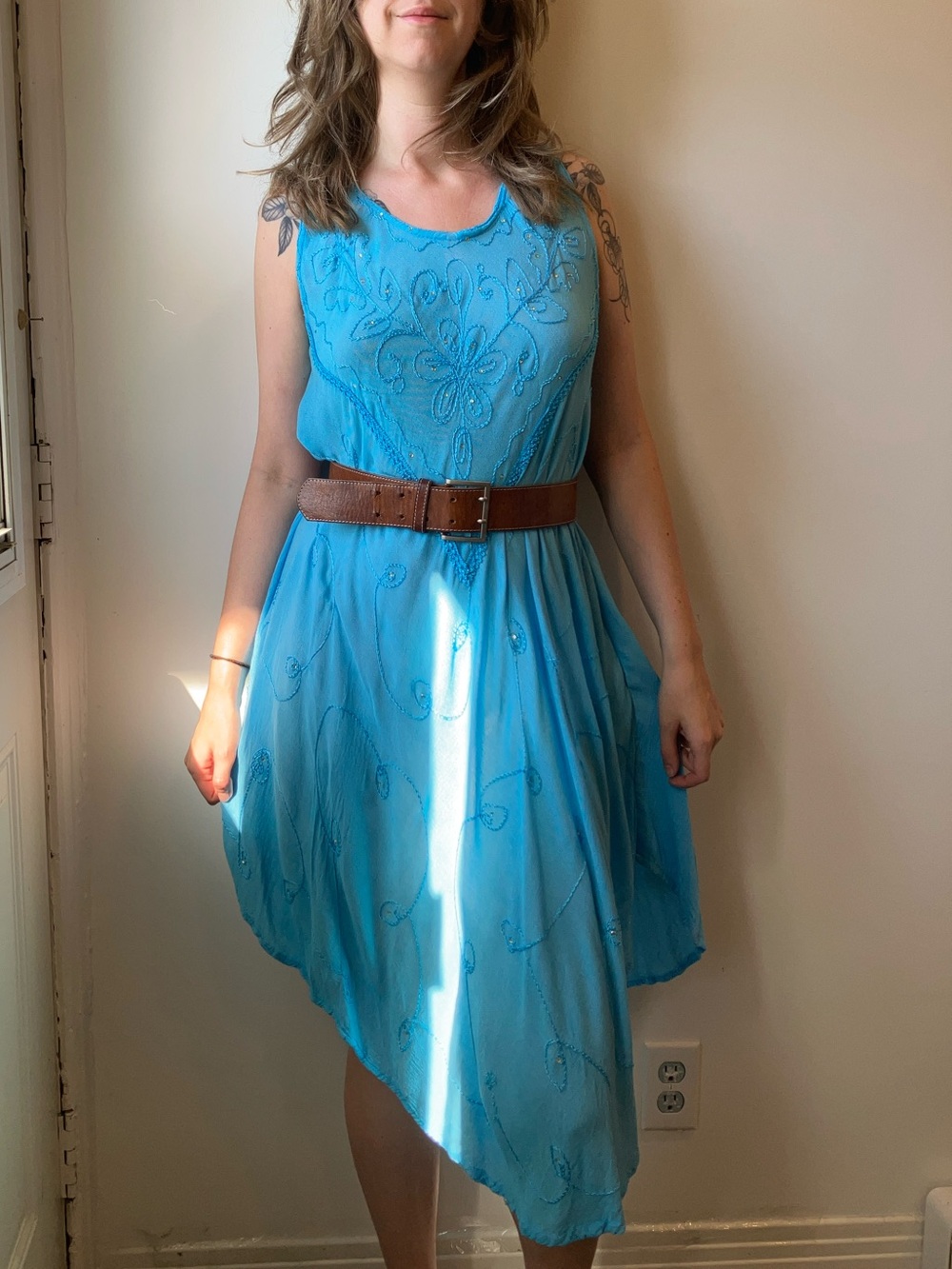Boho Blue Asymmetrical Embroidered Dress one size made in India